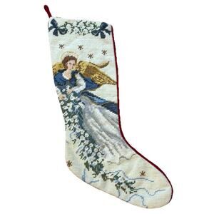 Embroidered Christmas Stocking Celestial Angel w/ Floral Garland 20"H Wool Front